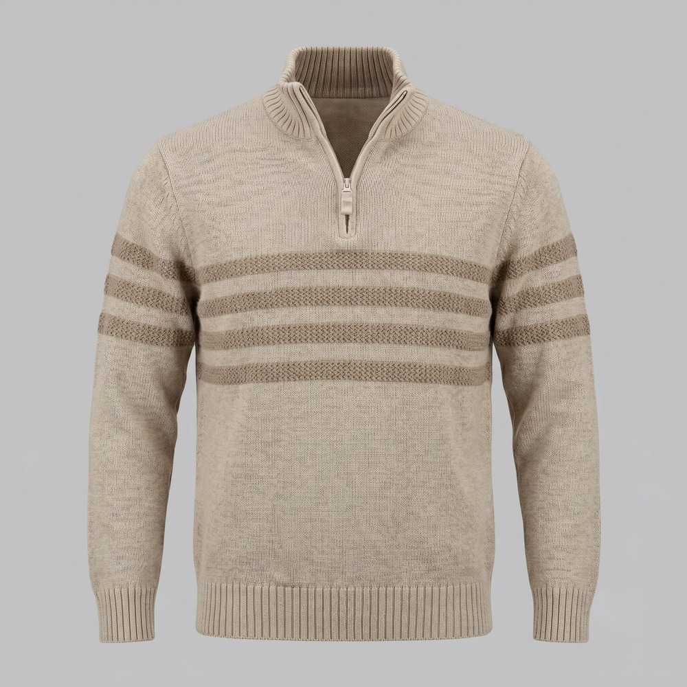 Tahari Mens XL‎ Tan Quarter Zip Sweater Striped Cotton Knit Mock Neck Pullover